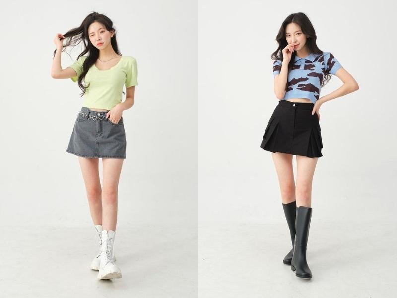 Mix chân váy chữ A dáng ngắn với áo croptop