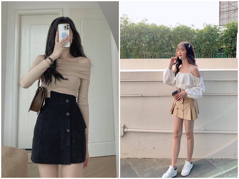 Mix chân váy chữ A với áo trễ vai
