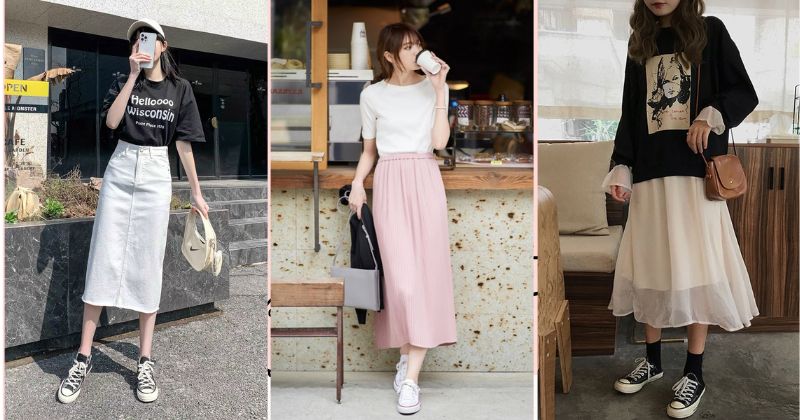 Mix đồ với chân váy chữ A dáng dài và áo thun