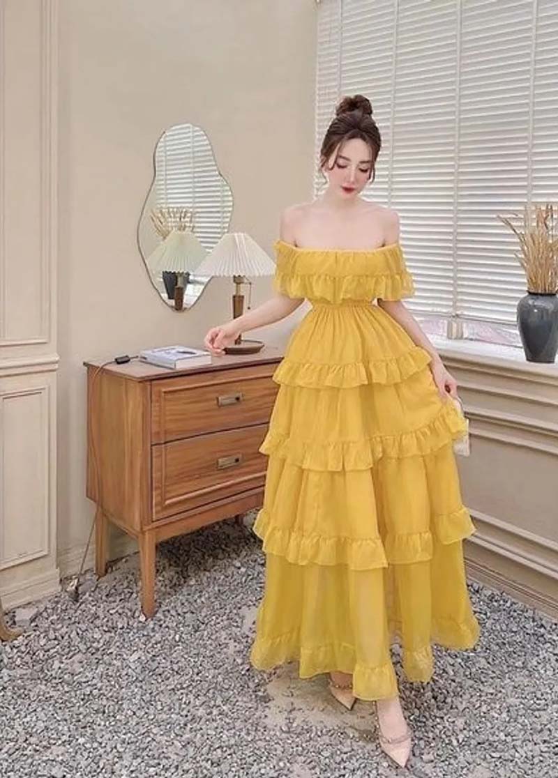 Đầm maxi dáng xòe trễ vai
