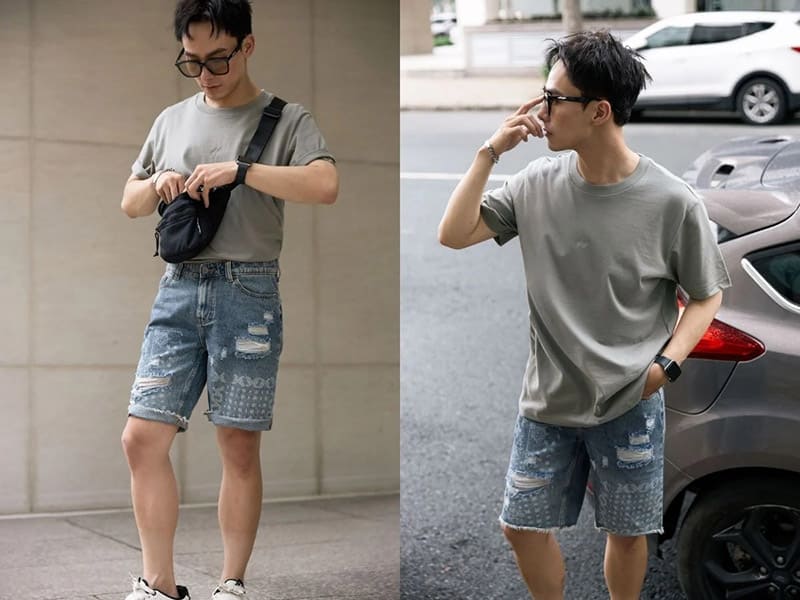 Áo thun trơn quần short jeans hoặc kaki không bao giờ lỗi mốt