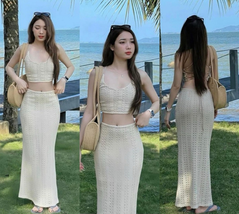 Duyên dáng mặc áo hai dây và chân váy dài