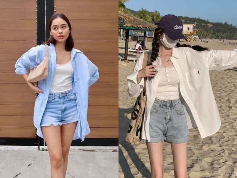 Combo đồ đi biển áo hai dây + Quần short jean + Áo sơ mi oversize khoác ngoài