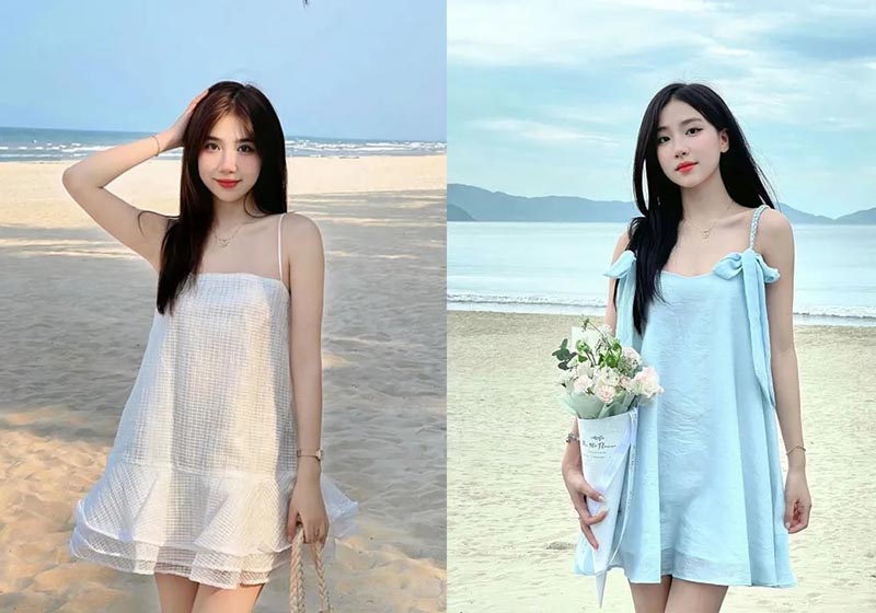 Váy hai dây là lựa chọn lý tưởng cho cô nàng chân ngắn khi đi biển