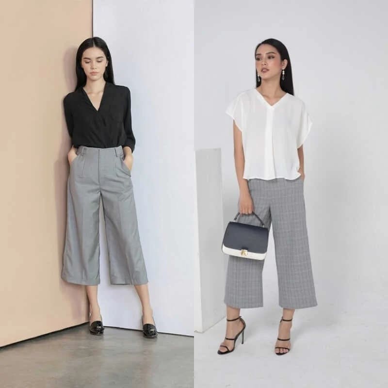 Áo sơ mi cổ thuyền và quần culottes ống rộng