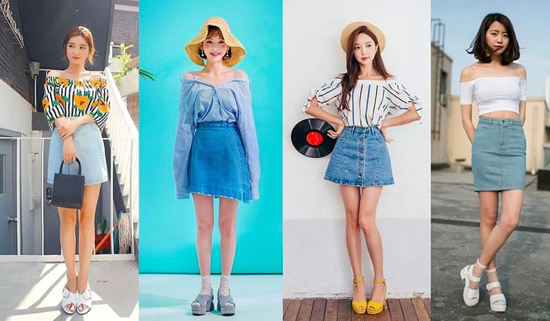 Áo trễ vai với chân váy/quần jean
