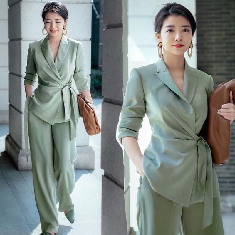 Bộ vest công sở quần ống rộng thắt eo