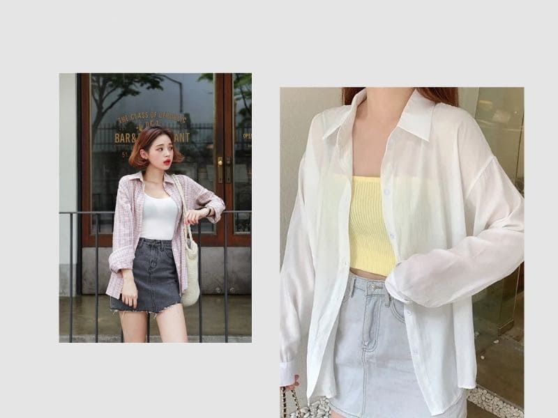 Mặc áo sơ mi oversize cùng áo hai dây