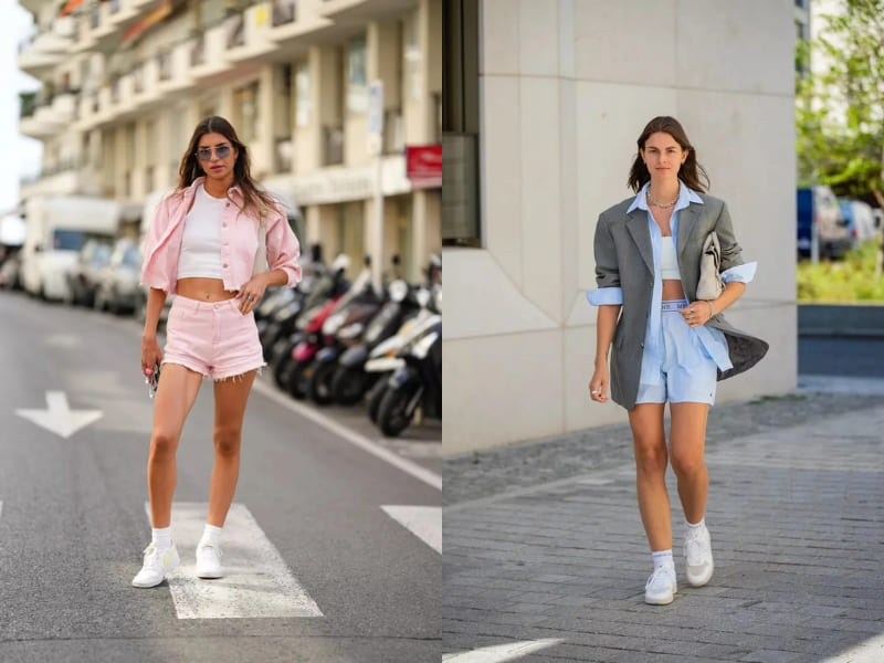 Mix áo croptop, quần short và giày sneaker