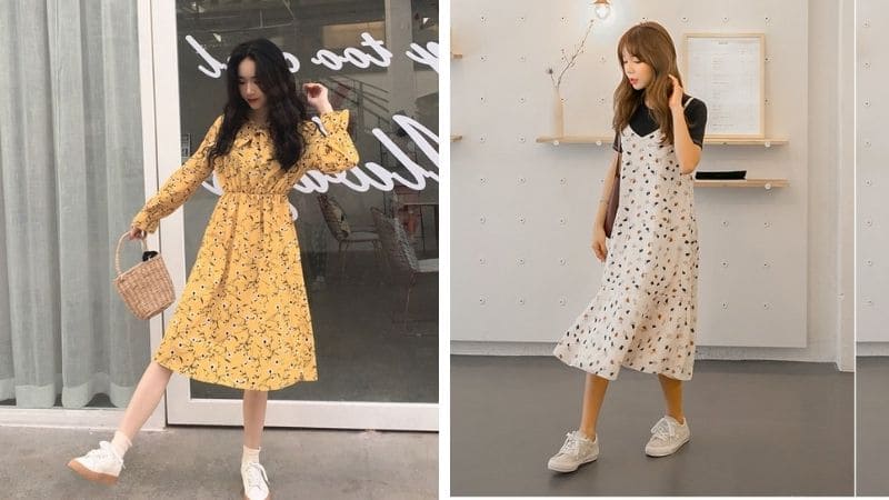 Mix giày sneaker cùng váy hoa nhí