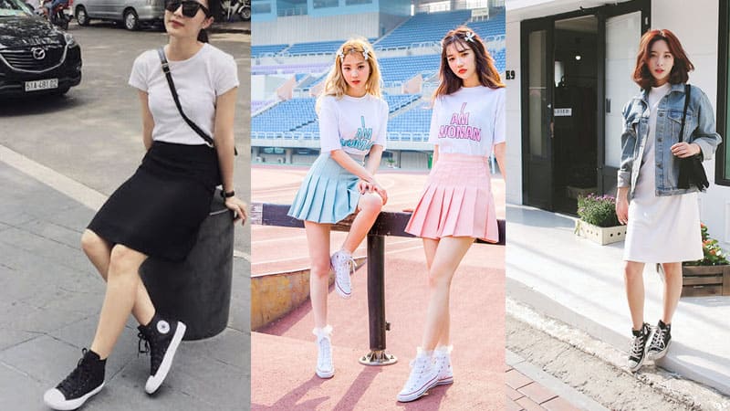 Mix váy ngắn và giày sneaker