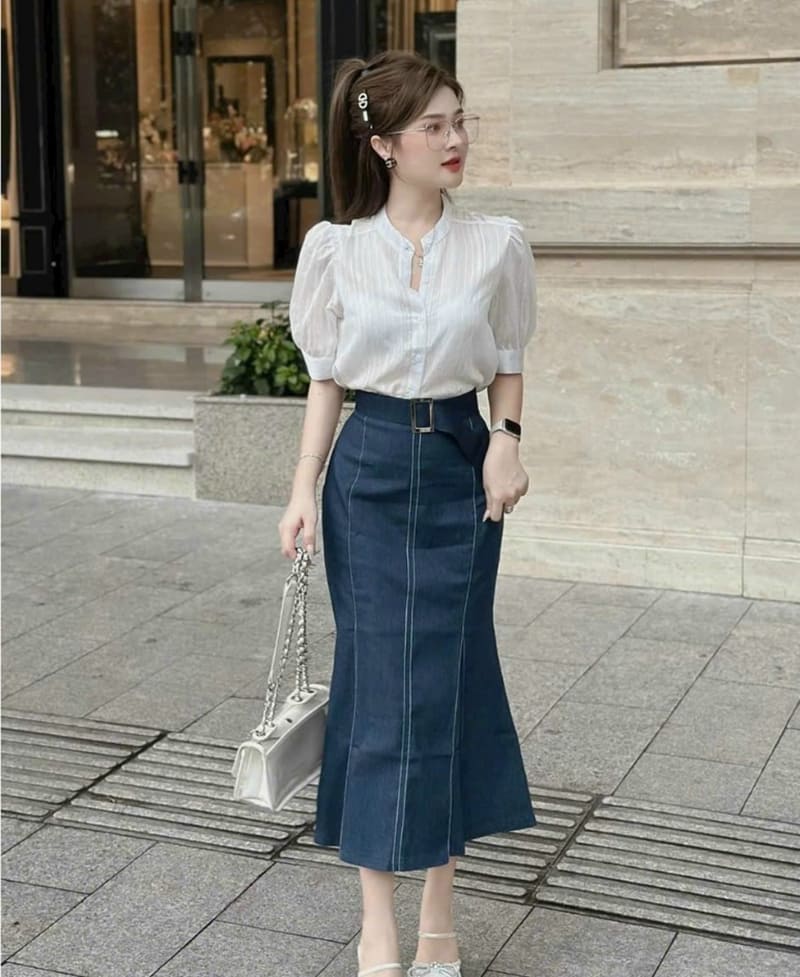 Set áo ngắn tay và chân váy đuôi cá công sở