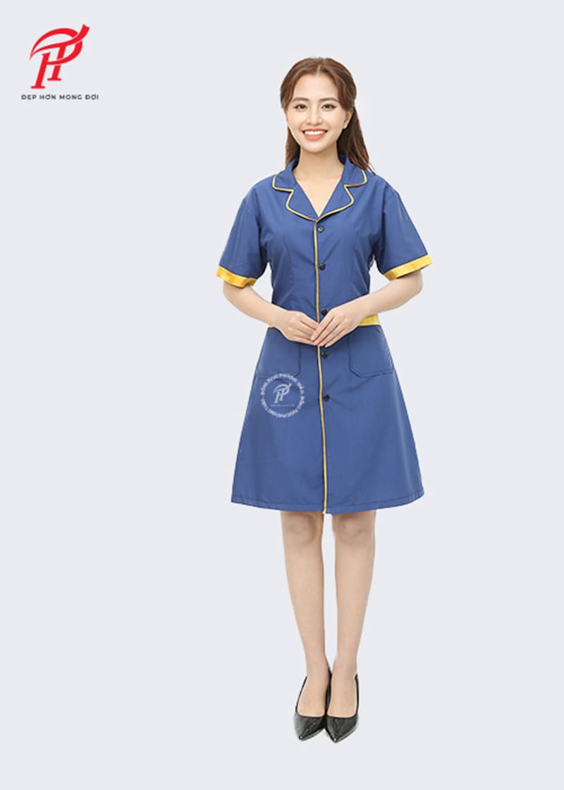Đồng phục y tá dạng váy liền màu xanh vàng