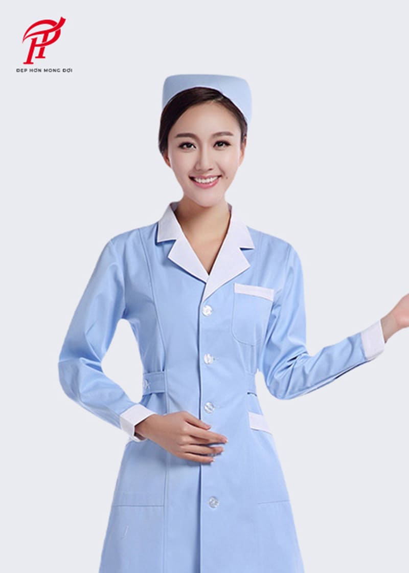 Đồng phục y tá xanh trắng kèm mũ