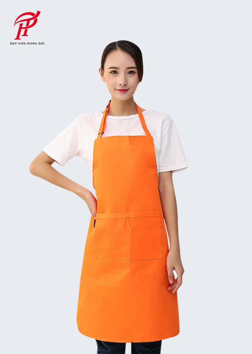 Đồng phục nhân viên thu ngân tiệm cafe đơn giản, lịch sự và năng động với tạp dề màu cam
