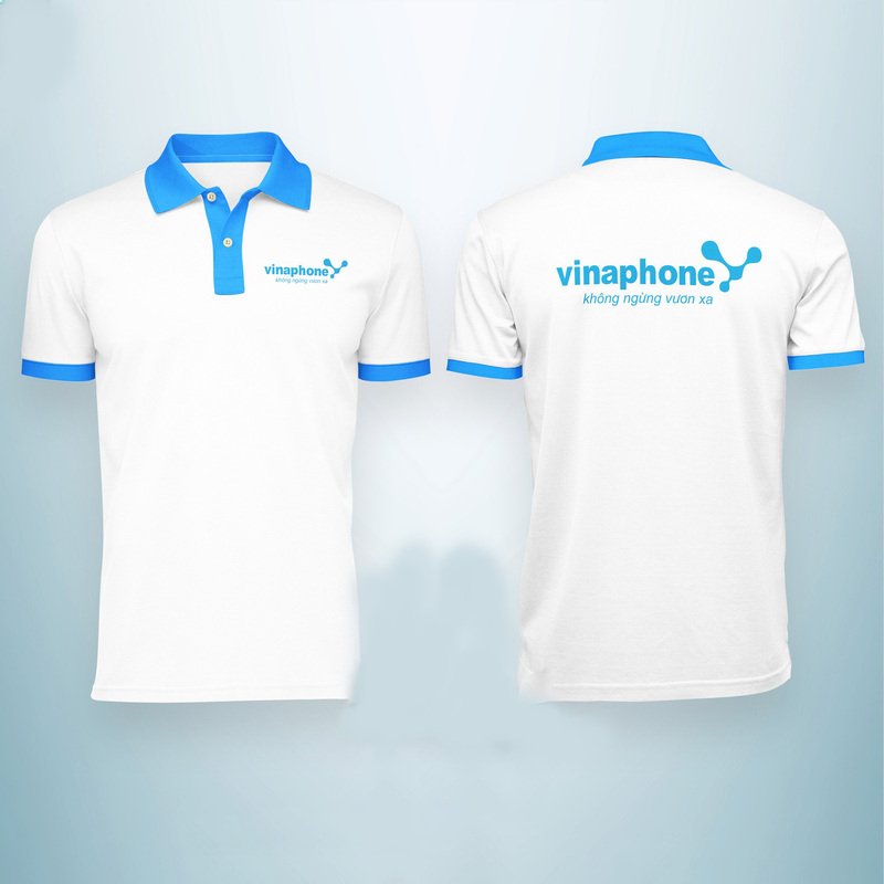 Mẫu áo đồng phục Vinaphone sử dụng màu trắng chủ đạo với điểm nhấn là cổ áo, viền ống tay và logo màu xanh nước biển đẹp mắt.