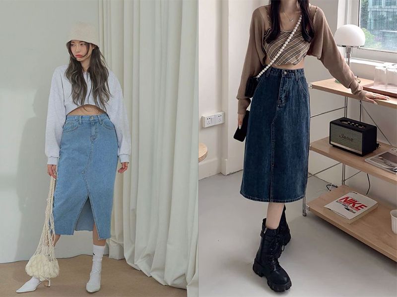 Khoe trọn vòng eo “con kiến” với chân váy jean dài và áo croptop