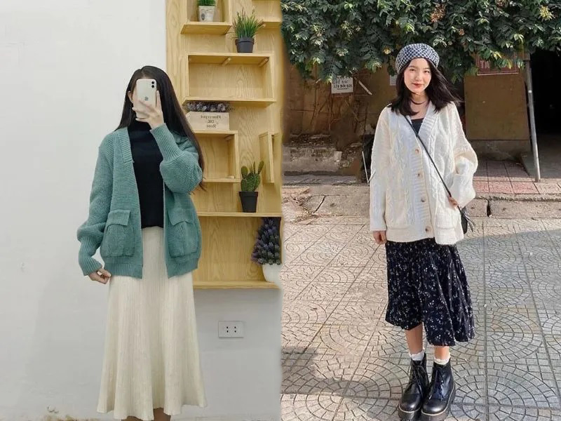 Kết hợp chân váy cùng áo cardigan là outfit lý tưởng cho mùa đông