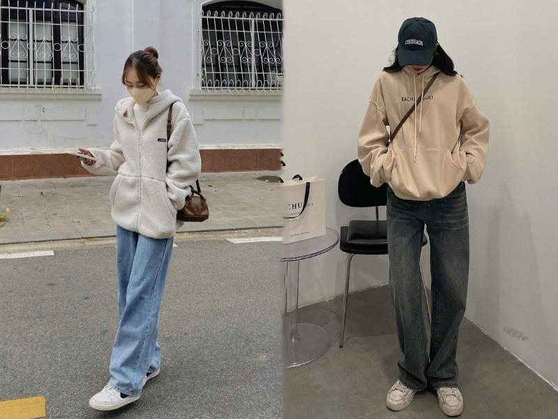 Quần jean ống rộng với áo hoodie là set đồ thích hợp cho ngày đông