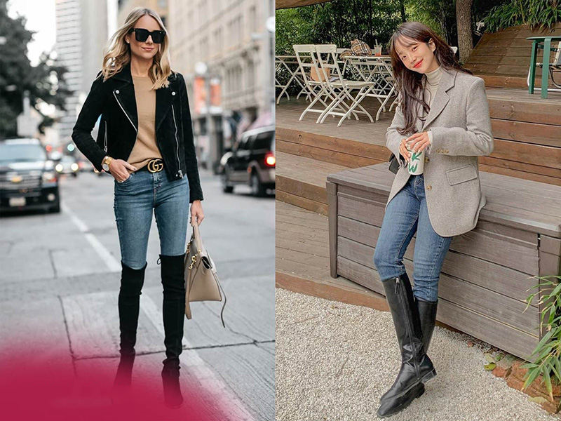 Quần skinny kết hợp với boots đùi là outfit giúp bạn khoe khéo đôi chân thon gọn