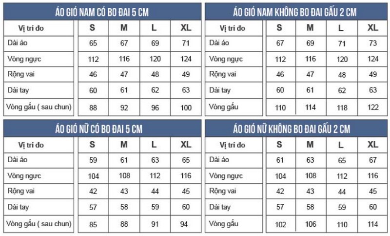 Bảng size may áo khoác 