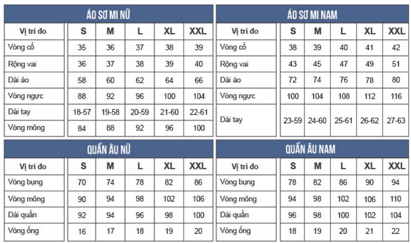 Bảng size may áo sơ mi nam, nữ