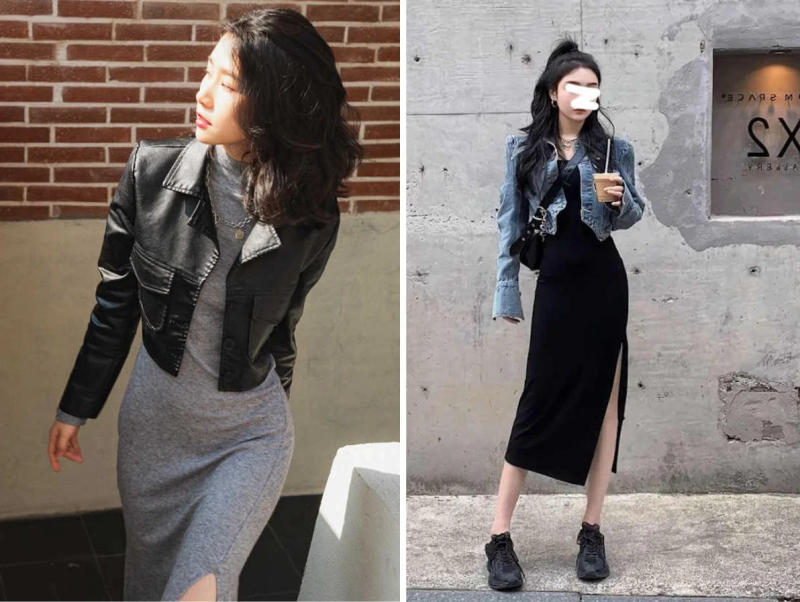 Áo khoác denim kết hợp với đầm body