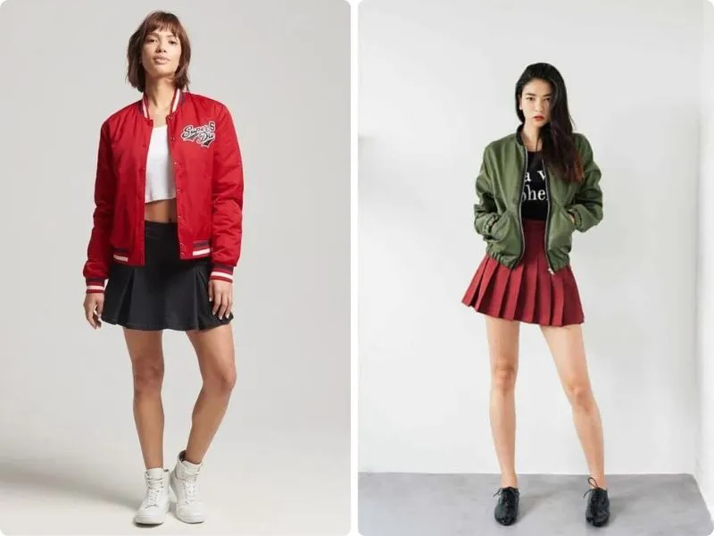 Đầm xòe trẻ trung khi kết hợp áo khoác bomber