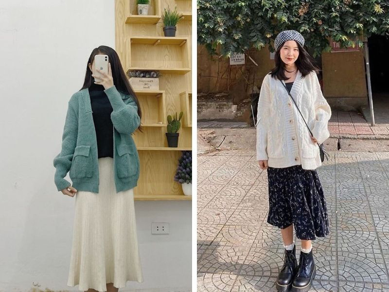 Áo khoác denim hoặc cardigan kết hợp với đầm suông hoặc đầm xòe