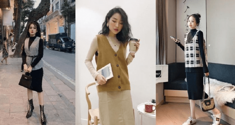 Váy len body kết hợp với áo gile khoác