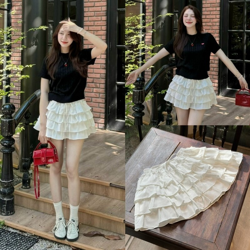 Chân váy 3 tầng ngắn phối áo phông trẻ trung