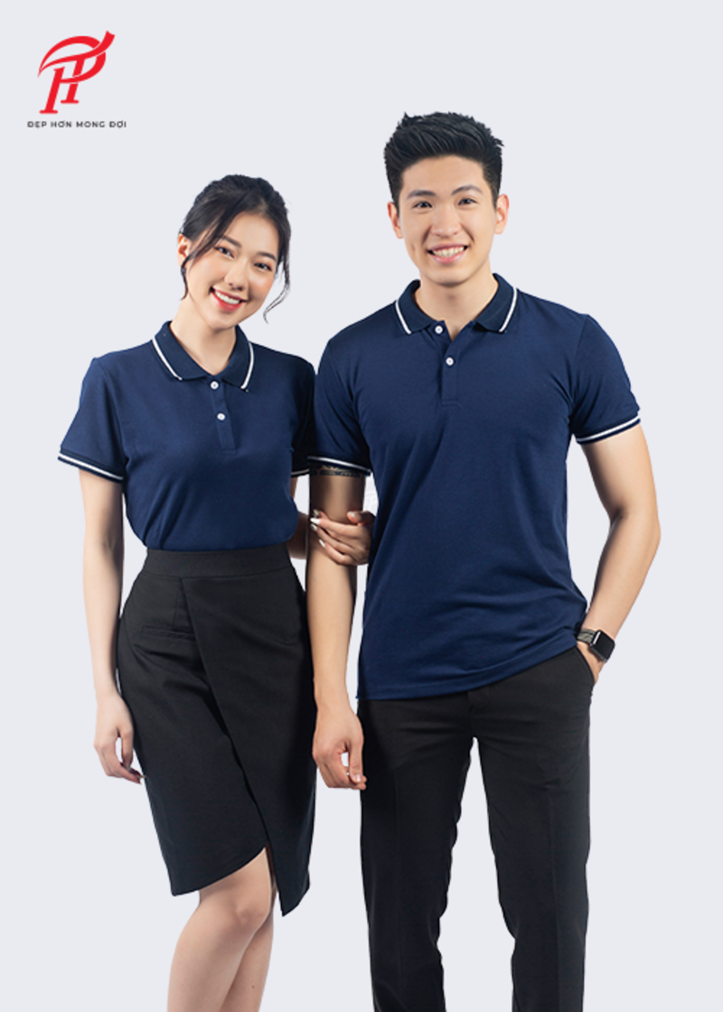 Mẫu đồng phục văn phòng áo polo xanh than kết hợp tay bo