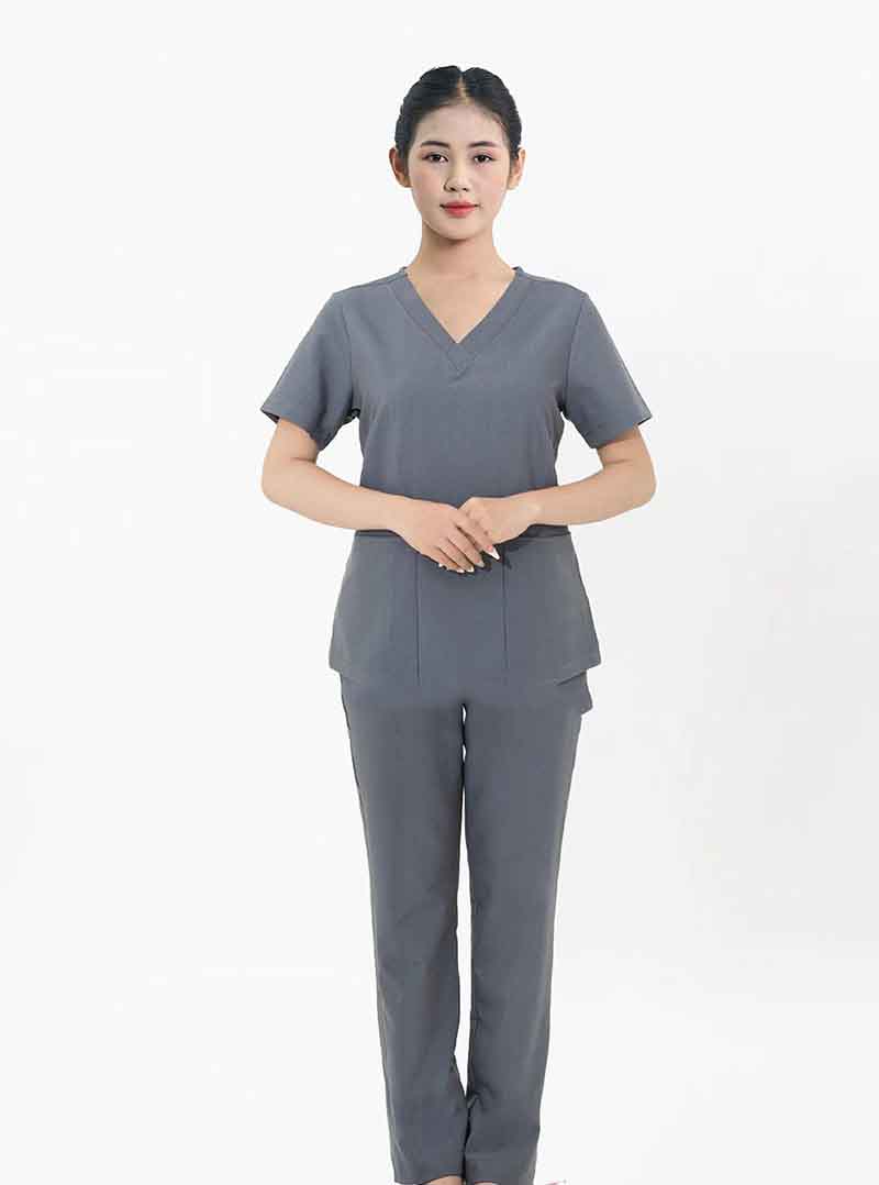 Mẫu áo đồng phục spa cổ tim màu xám
