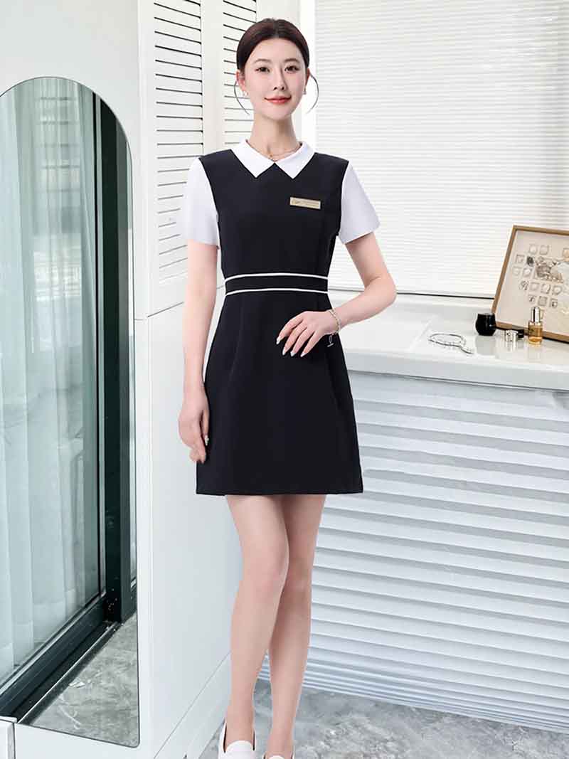 Đồng phục váy spa màu đen phối tay trắng