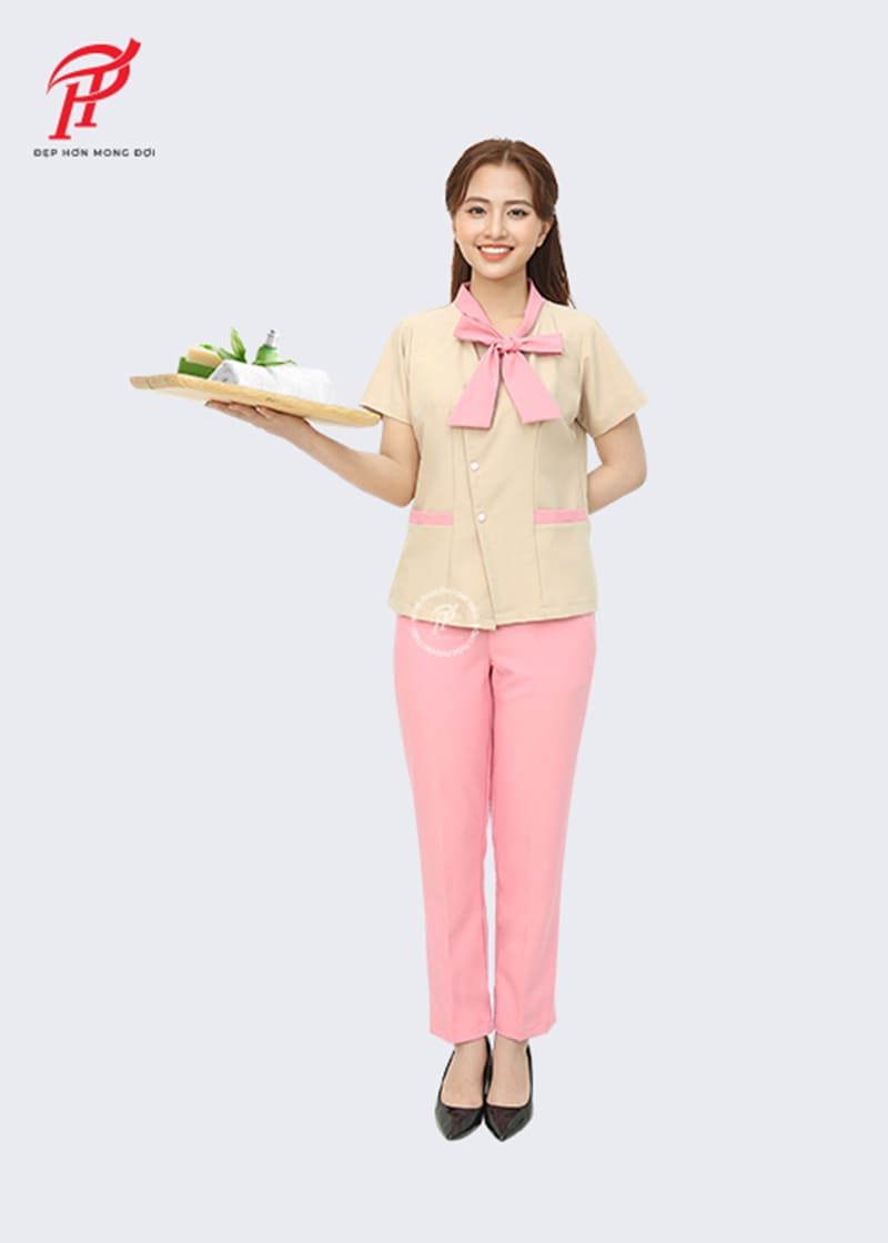 Đồng phục màu hồng phối áo màu be sang trọng