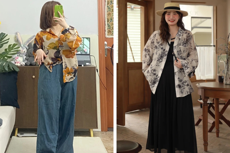 Mẫu áo sơ mi dáng suông có họa tiết kết hợp cùng quần và váy