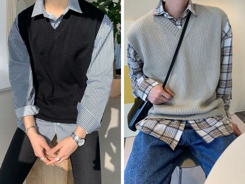 Áo sơ mi sọc nam kết hợp gile len sang trọng
