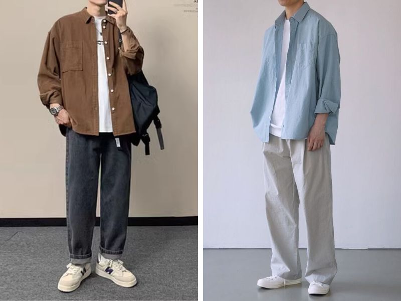 Áo sơ mi sọc xanh phối quần kaki giúp tăng thêm phần lịch sự