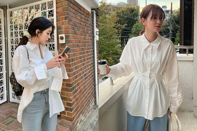 Mẫu sơ mi trắng cách điệu kết hợp quần jean giúp các bạn nữ thêm nổi bật