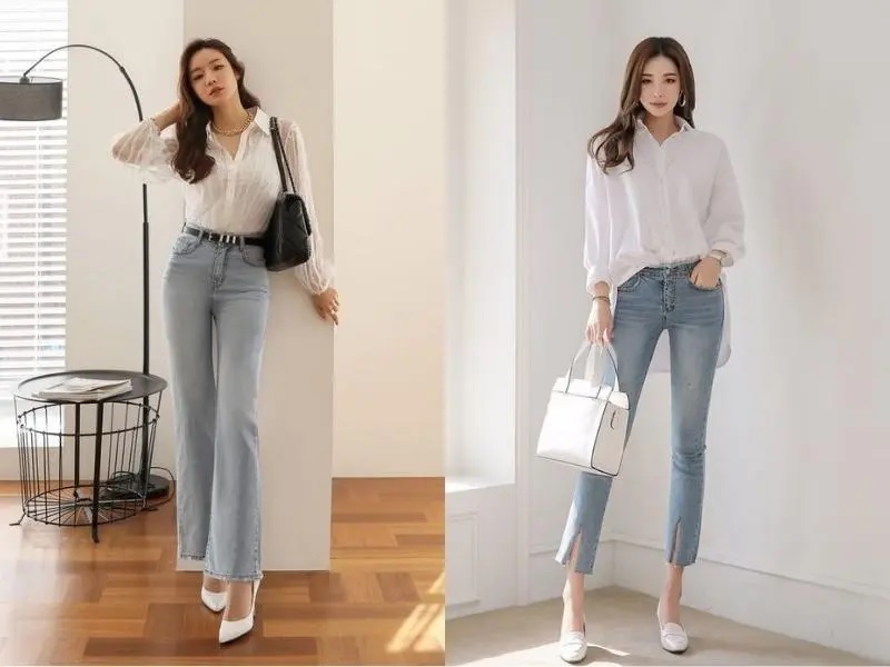 Kết hợp áo sơ mi trắng oversized và quần skinny giúp tôn vóc dáng
