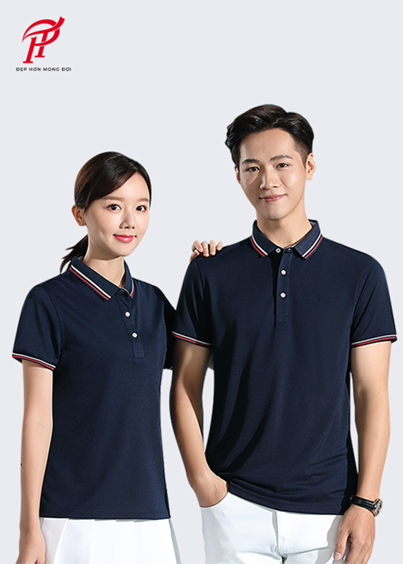 Mẫu áo đồng phục polo màu xanh đen có viền