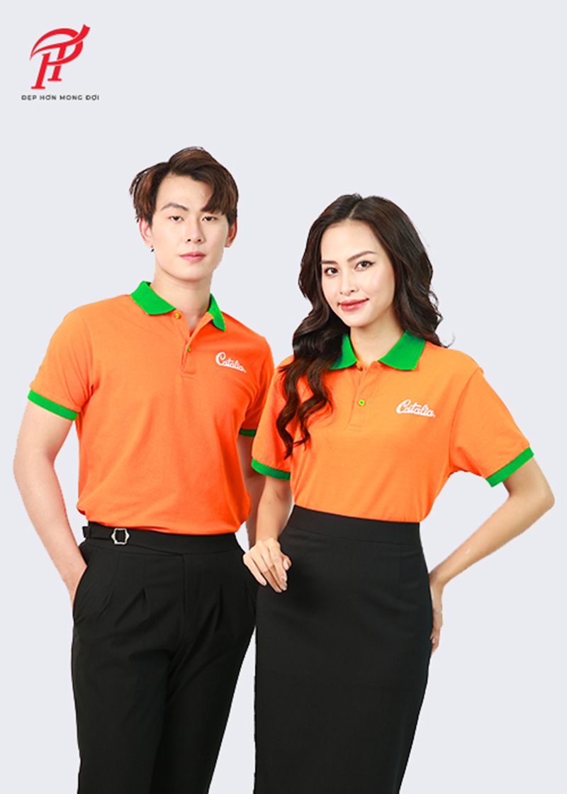Mẫu áo polo đồng phục màu cam xanh