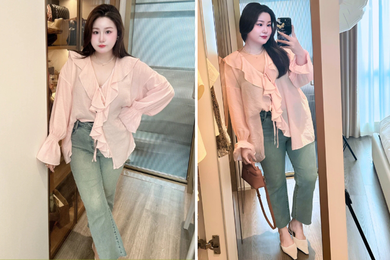 Áo cổ chữ V kết hợp cùng phần bèo càng làm tăng sự nữ tính, nhẹ nhàng