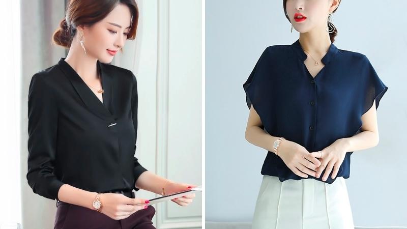 Mẫu áo sơ mi tối màu cổ chữ V đẹp