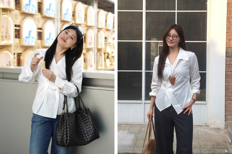 Áo sơ mi vạt chéo mang đến phong cách lịch thiệp mà vẫn giúp che bụng tốt