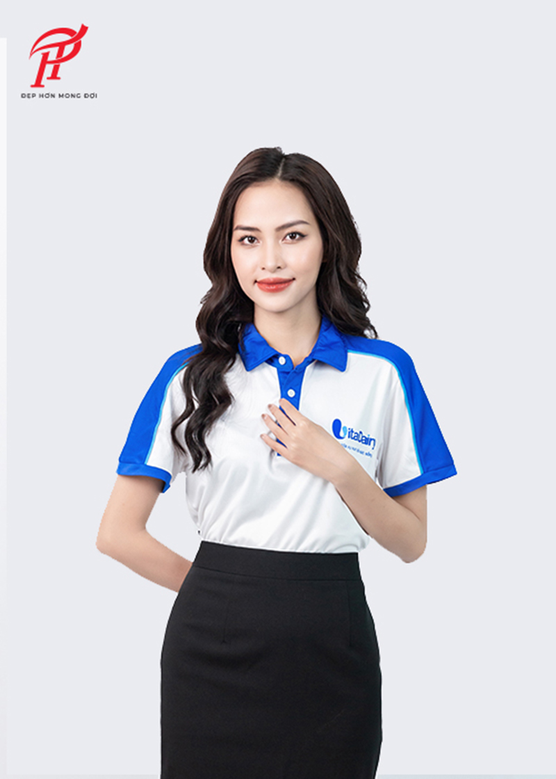 Mẫu áo polo đồng phục màu xanh trắng