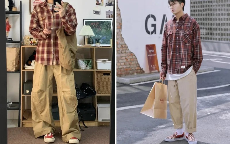 Áo sơ mi và quần ống rộng giúp trang phục thêm nổi bật