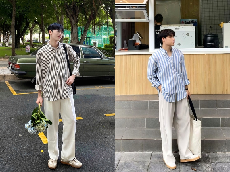 Quần ống rộng và áo kẻ sọc phù hợp đi chơi