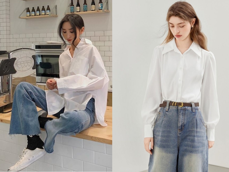 Quần jean màu kết hợp cùng sơ mi trắng tạo sự khác biệt
