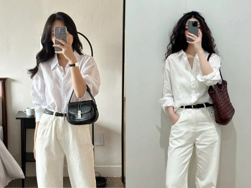 Mẫu quần jean và sơ mi trắng thanh lịch, nhẹ nhàng